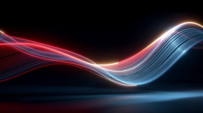 abstract magnetic field visualization in space, red blue neon light waves bending flowing along invisible force lines, smooth harmonic motion, scientific yet elegant, glowing light ribbons, minimal 4k