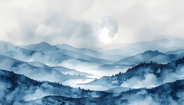 Serene blue misty mountain landscape with a large full moon in a cloudy sky, evoking a tranquil atmosphere. - Powered by Adobe