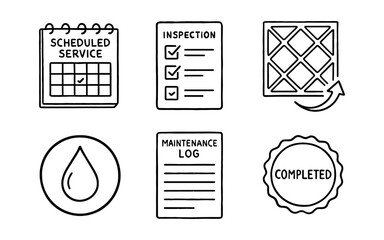 Hand drawn maintenance icons: checklist, scheduled service, filter, maintenance log