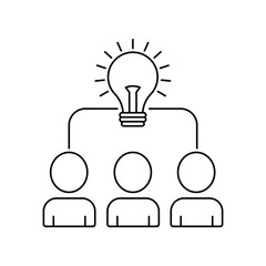 Brainstorming line icon. Thin line insight icon with group of people and black bulb. effective brainstorming and teamwork efforts symbol. 
