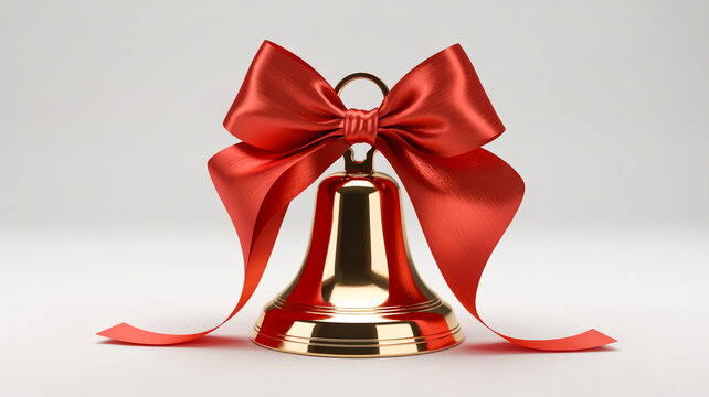 A high-quality product photograph of a golden brass bell with a large red satin bow tied around its nec