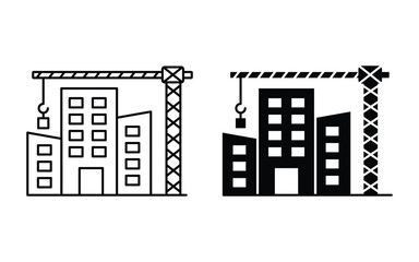 building under crane construction icon vector. Black and white vector icon of construction site with crane and building under development