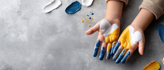 Child's hands show a heart symbol painted in ukrainian flag colors on gray surface with paint splatters for love and support for ukraine