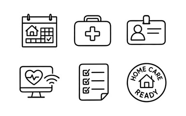Home care icons set: calendar, medical kit, id badge, heart monitor, checklist, certification