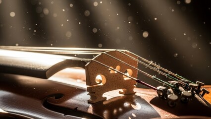 Close-up of a classical string instrument with beautiful light rays and dust particles.