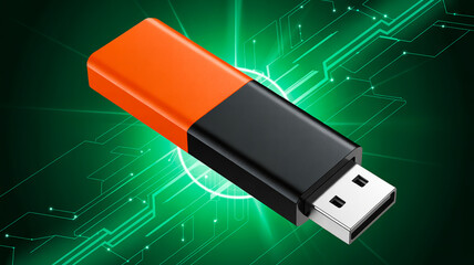 A product photo of an orange and black USB flash drive against a digital green backgroun