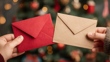 Hands exchanging red and brown envelopes in front of Christmas tree