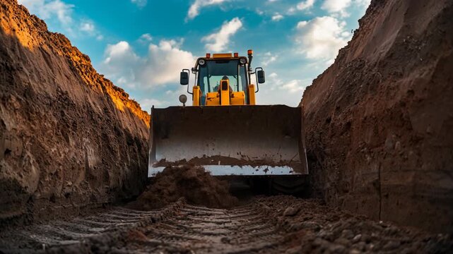 Heavy machinery in action, showcasing a construction site with a backhoe digging a trench under a dramatic sky.