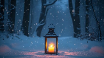 Enchanting Winter Night with Glowing Lantern in a Snowy Forest.