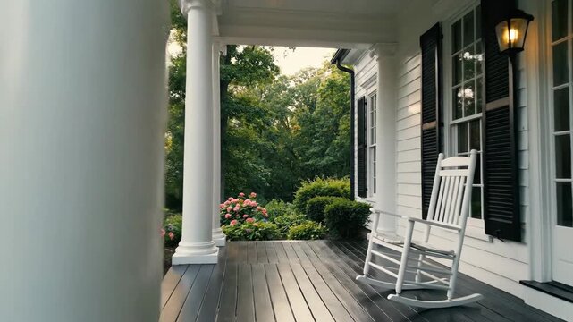 Classic American colonial porch featuring white columns and pillars, lush garden leading into forest backdrop, charming residential architecture, cinematic 4K HD video