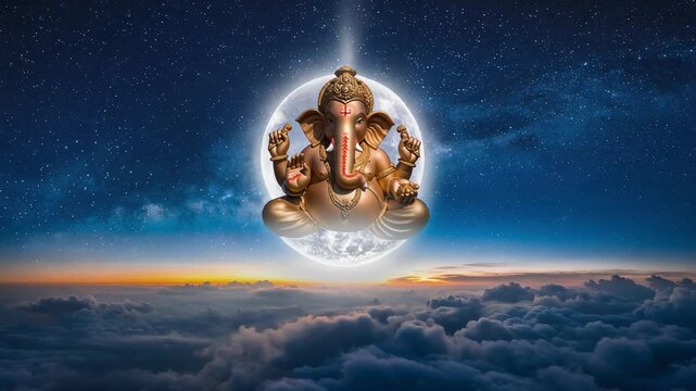 Majestic Ganesh Statue Above Clouds with Starry Night Sky for Spiritual and Cultural Inspiration