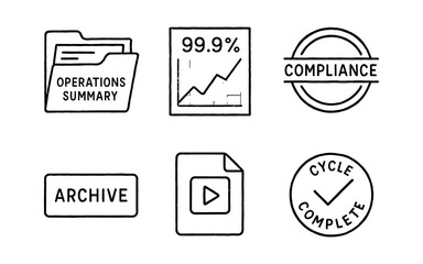 Fototapeta premium Black and white business icons: data, compliance, operations, archive, video, cycle complete
