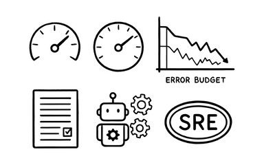 Site reliability engineering concepts in simple black and white symbols