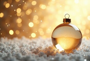 Christmas and New Year golden background with transparent 3d Christmas ball and snow, card template with place for text or your product, template for greeting poster or banner