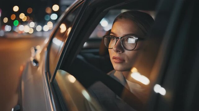Sophisticated woman in glasses gazing thoughtfully out of a car window in a bustling urban setting, capturing the essence of modern city life.