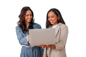 Businesswomen collaborating on a laptop, discussing work, teamwork and professional partnership, transparent background