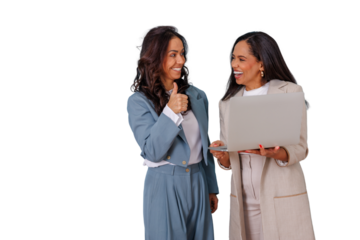 Businesswomen smiling and collaborating, celebrating success with laptop and thumbs up on transparent background