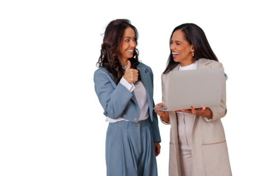 Businesswomen smiling and collaborating, celebrating success with laptop and thumbs up on transparent background - Powered by Adobe