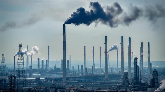 Industrial landscape with smoke and flames from chimneys, showcasing the impact of pollution and energy production
