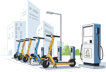 Electric scooter rental station with scooters lined up in city © Udara