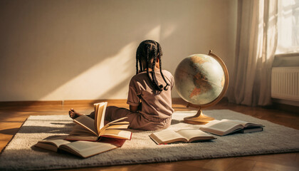 African American Girl Studying with Globe and Books on Floor