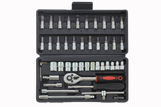 complete ratchet wrench socket set organized in plastic case, professional hand tools for automotive repair, mechanical maintenance, workshop service,  engineering task, isolated on white background 