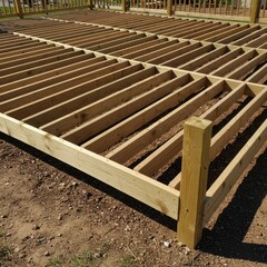 Detailed view of a newly constructed pressure-treated lumber deck frame foundation, showing support posts, beams, and parallel joists ready for decking, deck, pressure treated, ledger board