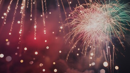 Colorful fireworks exploding in the night sky with vibrant red and green sparks explosion