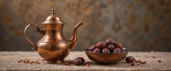Vintage teapot and bowl with olives on wooden table AI generated Vintage teapot and bowl with olives on wooden table AI generated