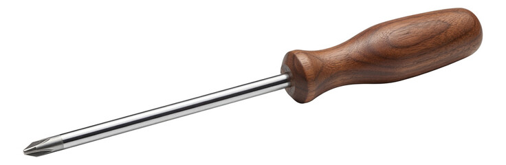 Long Phillips screwdriver with a wooden handle for accessing deep cabinetry spaces.