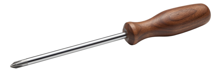 Long Phillips screwdriver with a wooden handle for accessing deep cabinetry spaces.