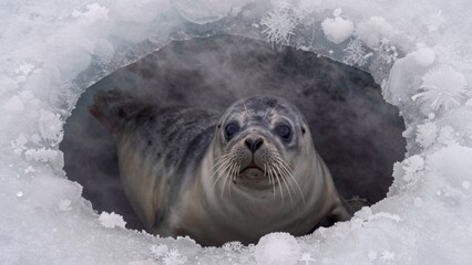 Obraz premium Seal swimming in a hole in the ice during the winter months in a cold environment, seeking food and warmth