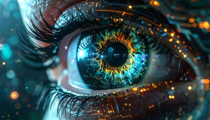 Close-up of a human eye overlaid with glowing circuit patterns and bokeh lights creating a high-tech effect