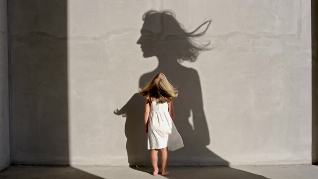 Video of little girl next next to light wall looking on silhouette shadow of her mother's head missing her mum and dreaming to see her again.Slow motion.AI Generative.