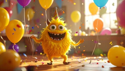 Cheerful yellow, fuzzy creature celebrates amid floating balloons and scattered confetti in a sunlit room