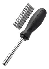 Fototapeta premium Interchangeable bit screwdriver for versatile workshop applications.