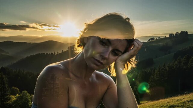 Video of beautiful natural beauty woman with eyes closed dreaming and her head resting on the palm of one hand clear silhouette and calm panorama with forest and evening sun.Music relaxing concept sce