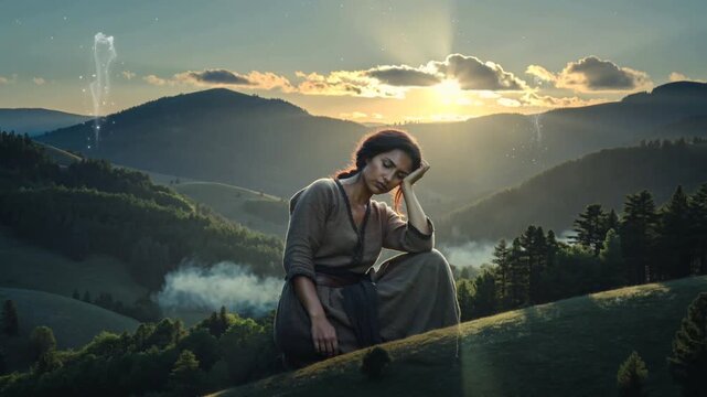 Video of beautiful natural beauty woman with eyes closed dreaming and her head resting on the palm of one hand clear silhouette and calm panorama with forest and evening sun.Music relaxing concept sce