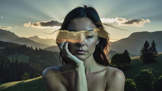 Video of beautiful natural beauty woman with eyes closed dreaming and her head resting on the palm of one hand clear silhouette and calm panorama with forest and evening sun.Music relaxing concept sce