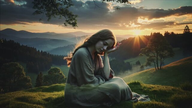 Video of beautiful natural beauty woman with eyes closed dreaming and her head resting on the palm of one hand clear silhouette and calm panorama with forest and evening sun.Music relaxing concept sce