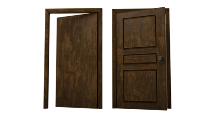 Two Realistic Wooden Doors for Interior Design. High Quality 3D Render of Simple Timber Entryway Set Isolated on White for Home Improvement and Decor.