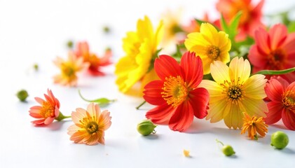 Obraz premium Beautiful colorful cosmos flowers on white background, closeup. Banner design AI generated Beautiful colorful cosmos flowers on