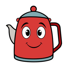 Isolated red ceramic teapot and Simple cute smiling kettle for a hot tea beverage or kitchen breakfast object on a white background
