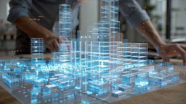 Architect manipulating 3D holographic building model, building real-time, multiple spinning holographic blueprints annotations floating, glowing energy lines, AI interface holograms assisting, 4k