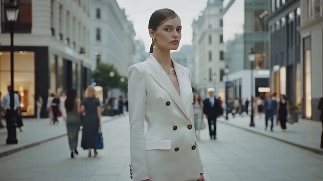 Video of young woman wearing designer clothing and stands in middle of frame and busy crowd rushing on fast motion background.Zoom in.AI Generative.