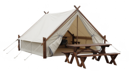 Glamping tent with picnic table and benches inside camping outdoor recreation isolated on a transparent background