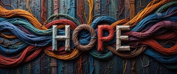 HOPE written with colorful threads on old wooden background. Banner. AI generated HOPE written with colorful threads on old