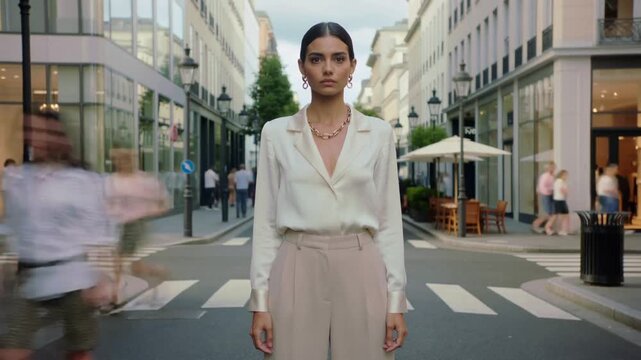Video of beautiful fashionable woman standing in city street center during rushing hour with busy crowd ignores her on background.Slow moton.AI Generative.