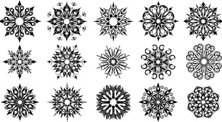 Mandala design, snowflake pattern, black vector, symmetrical artwork, floral motif, ornamental shape, decorative element, intricate line art, abstract, template © MdMoksad