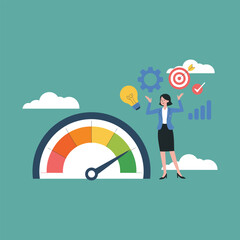 Confident businesswoman achieving goals with performance meter and creative ideas